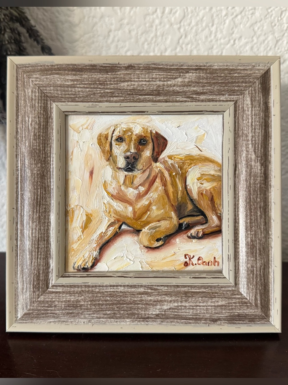 Original oil painting Labrador retriever dog portrait signed framed 4x4 inches